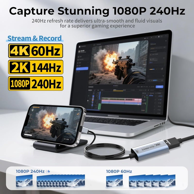 Guermok 4K 60FPS Video Capture Card, L-Shaped USBC, 3.3ft, 1080P 240FPS USB3.0 HDMI to USB A/C Capture Card for Streaming, Works with iPad/Mac OS/PC, Quest 3, OBS, PS5/4, Switch2/1, Xbox/Camera - Image 4